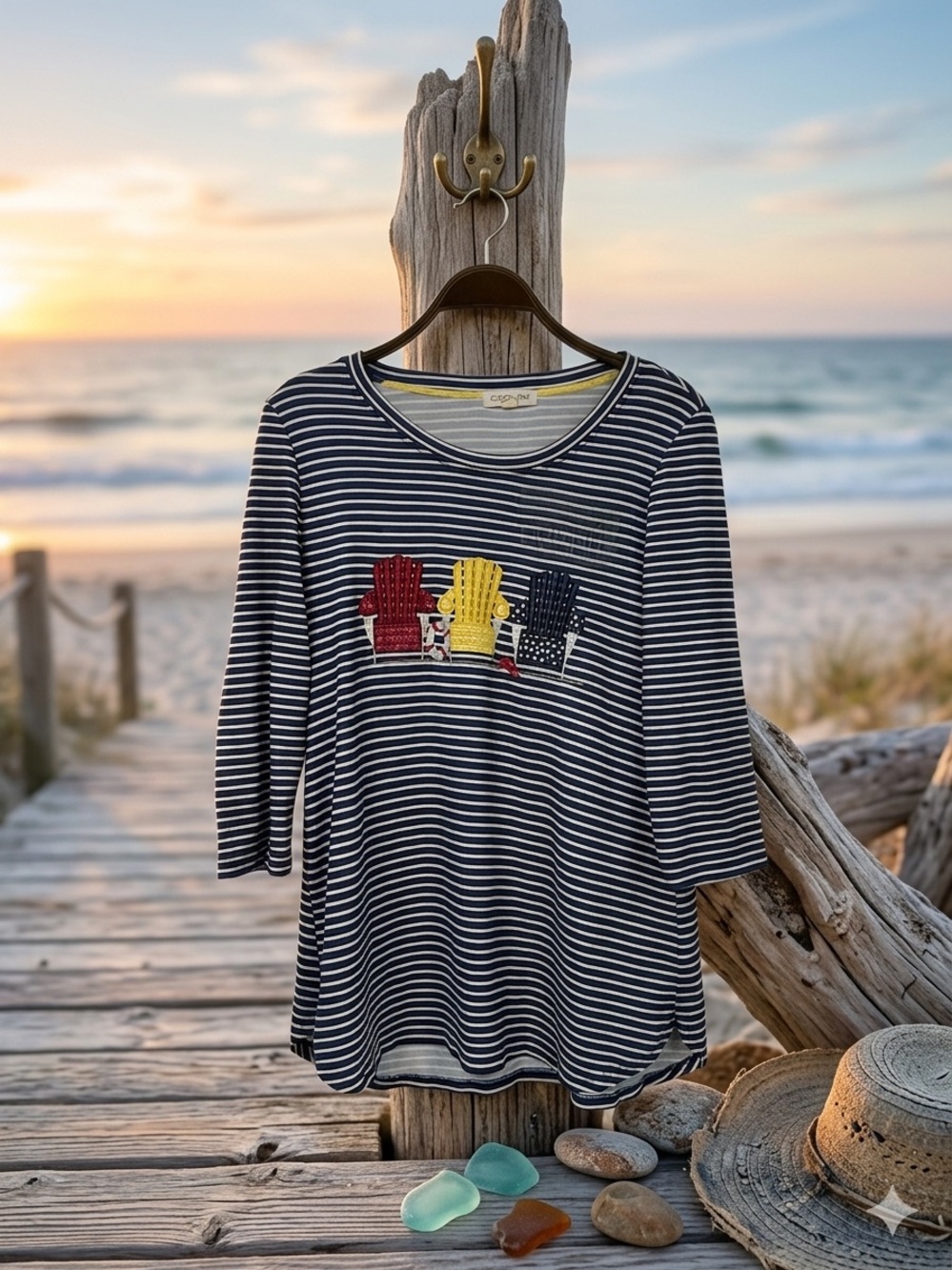 Vintage Coastal Stripe Crewneck Top with Embroidered Colorful Beach Chair